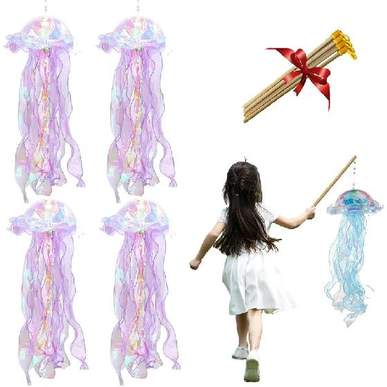 4 Pack LED Jelly-Fish Lamps, Hanging Glitter Iridescent Jelly-Fish Lantern, Home Office Room Decoration, Birthdays Halloween Christmas Gift for