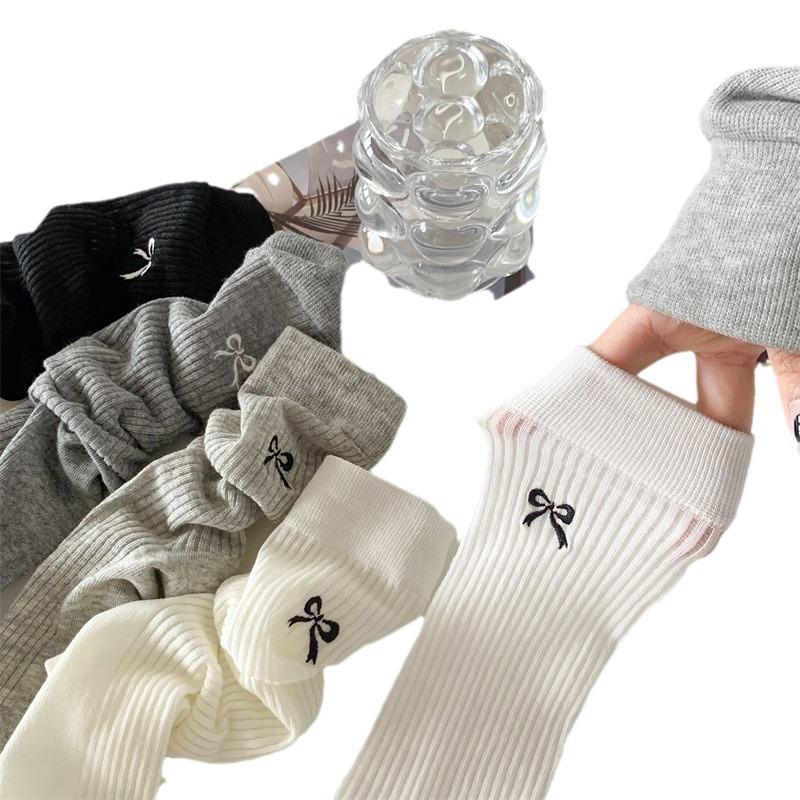5 Pairs Women Butterfly Knot Mid Length Socks Solid Color Lightweight Breathable Soft Comfortable Casual Long Socks