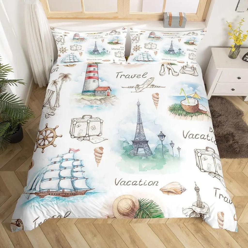 Aquarell Leuchtturm Segelboot Bettbezug Eiffelturm Bettwäscheset Nautisches Abenteuer Tagesdecke Polyester Steppdeckenbezug