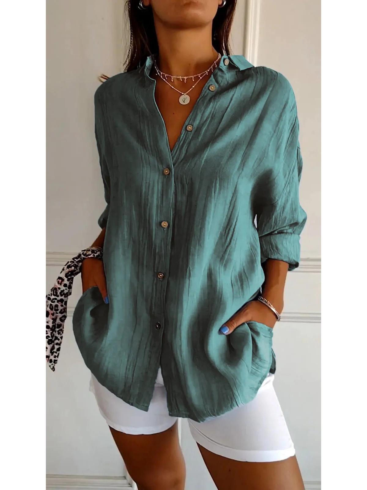 

2026 Women s Solid Pleated Lapel Shirt with Roll-Up Sleeves 5XL
