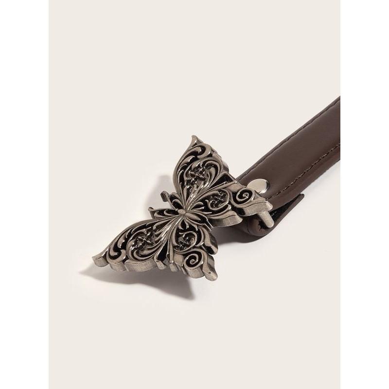 Stylish Retro Butterfly Women's Belt Crafted From Smooth Pu Material In Black And Coffee
