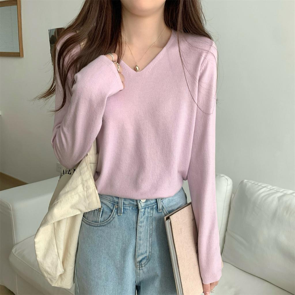 Powder Blue Elegant Fresh Youthful V Neck Loose Long Sleeve Sweater Women Autumn Commute Base Layer Top