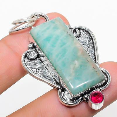 Natural Amazonite, Rubillite Gemstone 925 Sterling Silver Pendant 2.21" n5J48