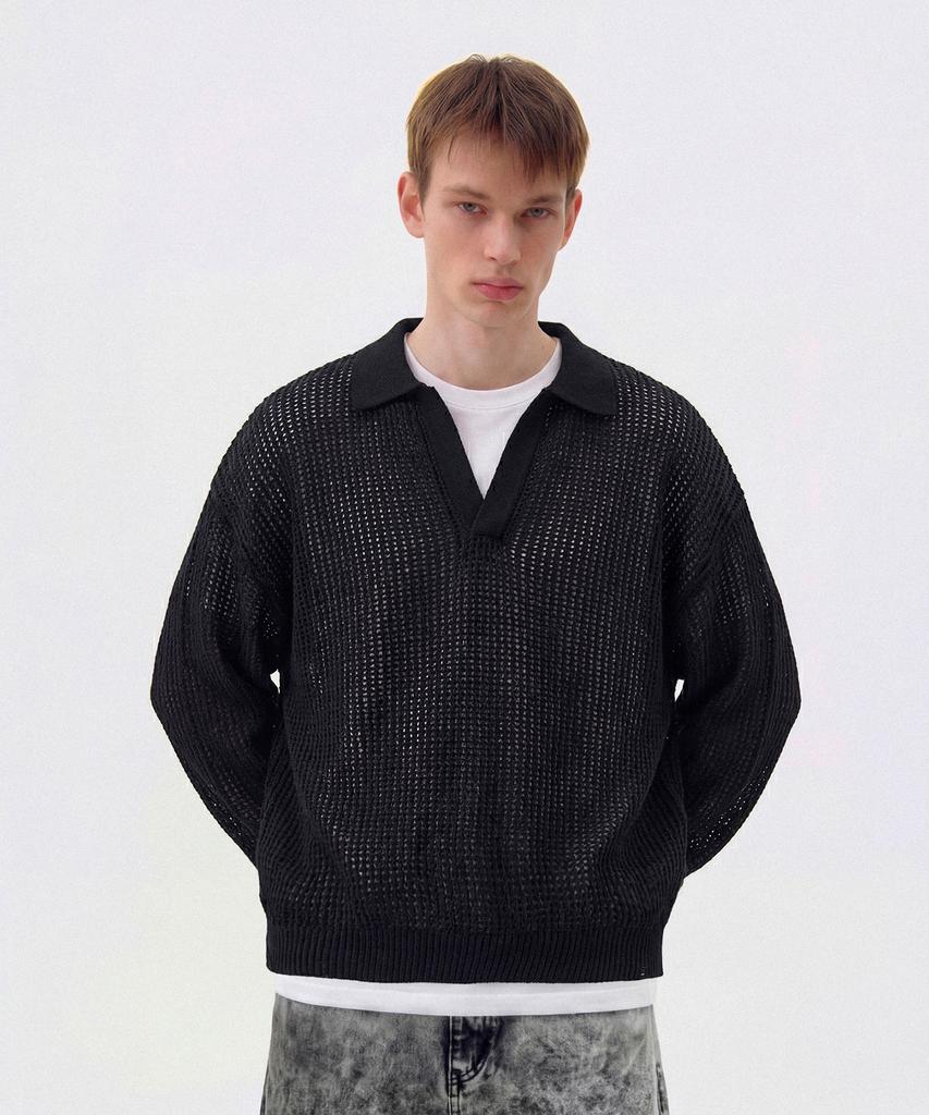 CUTZ Mesh Boucle Open Collar Pullover (Black)