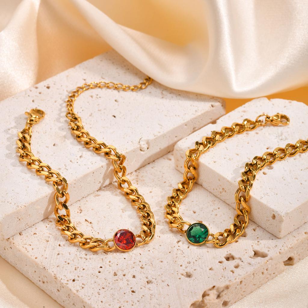 Stainless Steel Bracelets Round Zirconia Chunky Cuban Chain Bracelet for Women Girls Vintage Fashion Jewelry Party Gifts