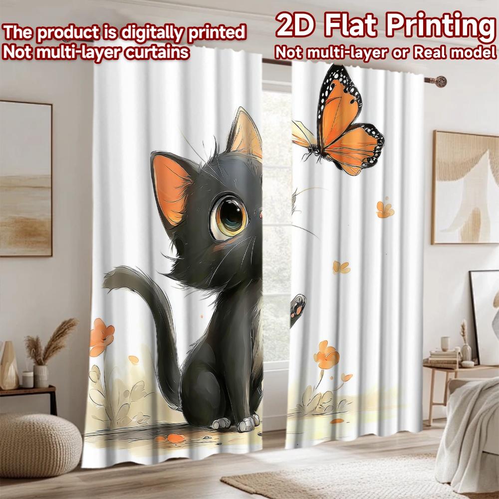 2D flat printing 2pcs Curtains Black Cat Butterfly Cute Digital Printed Polyester Drapes Festive Holiday Use for Holiday Parties