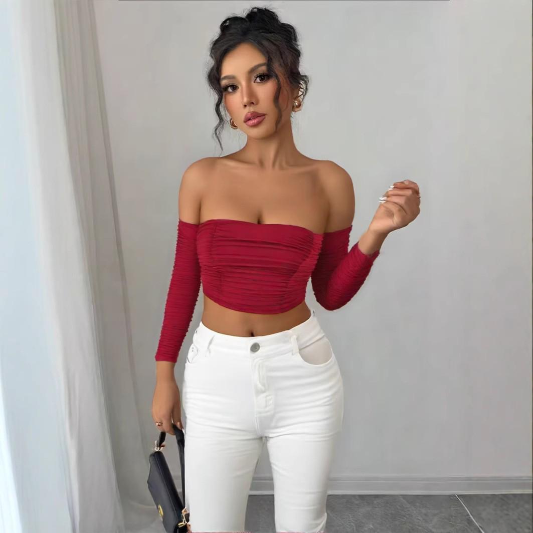 European & American Sexy One-Shoulder Off-the-Shoulder Top with Detachable Raglan Sleeve - Women s Summer Fashion M вино красного