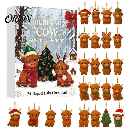 Hochlandkuh Adventskalender Weihnachten mit 24 Acryl-Ornamenten, Festliche Countdown-Box für Zuhause zur Baumaufhängung und Saisonale Dekoration