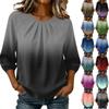 Women's Gradient Print 3/4 Sleeve Round Neck Pleated T-Shirt Top Casual Loose Fit Lightweight Blouse
