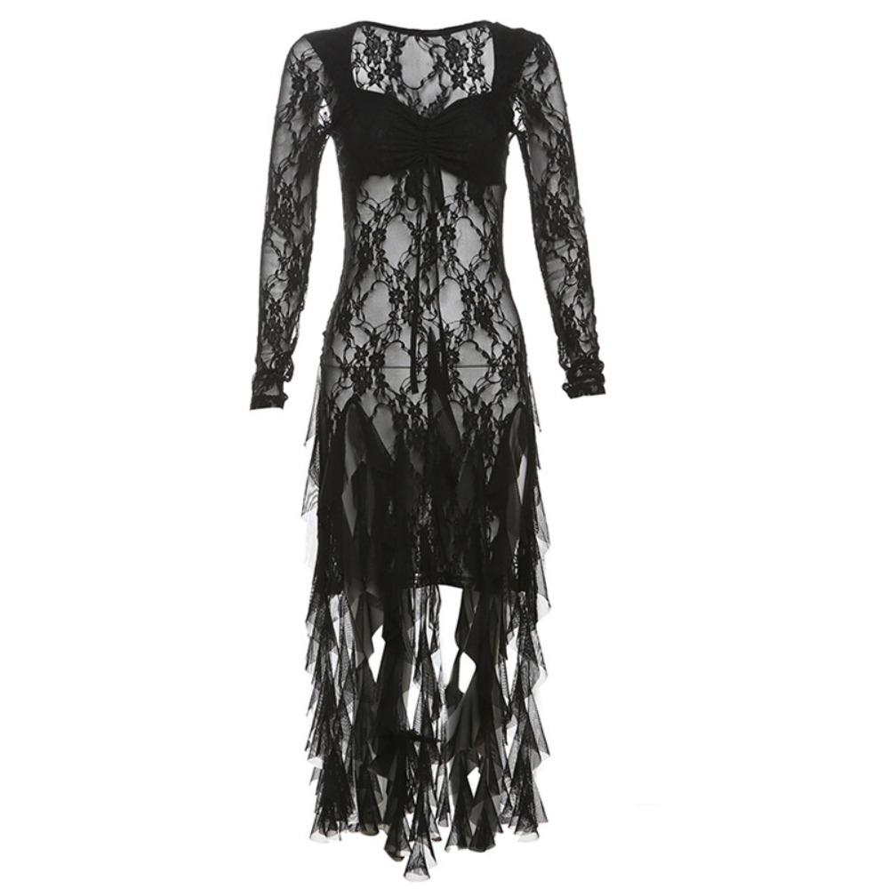 

Плаття з мереживом, плісироване, з рюшами по краю, з довгим рукавом, прозоре, жіноча мода, мереживне квіткове плаття, для клубу XL чорний