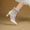 Krazing Pot Cow Skin Pointed Toe Summer Boots Fashion Air Mesh Bling Patch Appliques High Heels Embroidery Ankle Boots