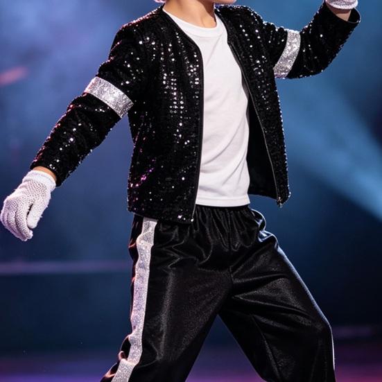 Kids 80s 90s Performance Costume, Black Sequin Jacket, Top, Trousers, Hat, Glasses, Gloves, 7 Piece Dance Party Outfits for Halloween, Stage