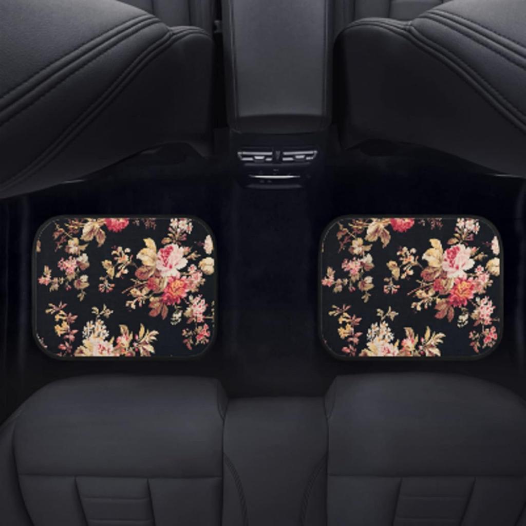Art Flowers Pattern Car Floor Mats Front Rear Premium Carpets Mat, Set of 4 Floral Auto Foot Mats Universal Fit Vehicles,Women