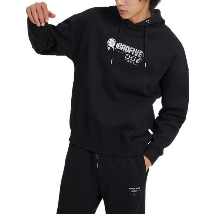 Li-Ning Anti-Wu Serie Briefmuster Print Strick Kapuzenpullover Pullover Herren Oberteile Schwarz AWDSD37-4