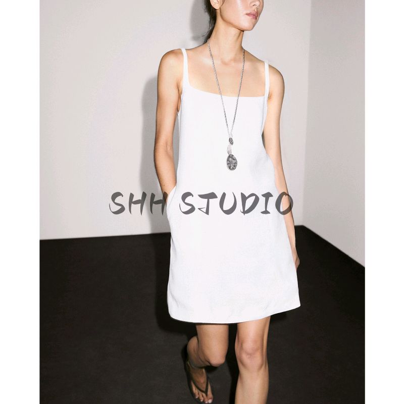 MD Summer New Arrival Women's Clothing Vacation Style Creamy-white Square Collar Open Back Sling Dress Vest Dress 6620530
