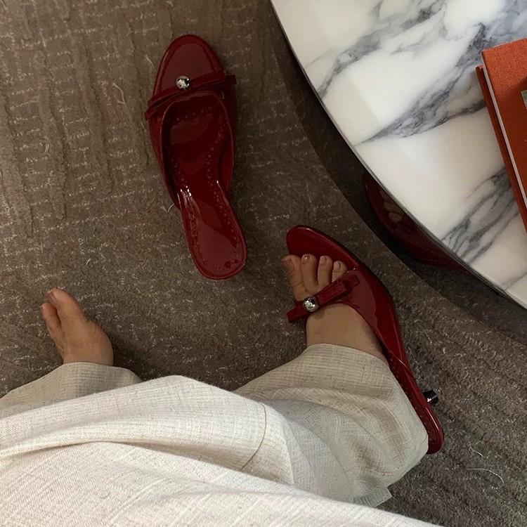 Leather patent leather French temperament kitten heel slippers women's outerwear 2025 summer sandals