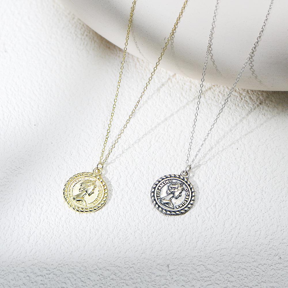S925 Sterling Silver Portrait Relief Queen Coin Necklace for Women, European and American Ins Personality Trendy Retro Versatile Collarbone Chain