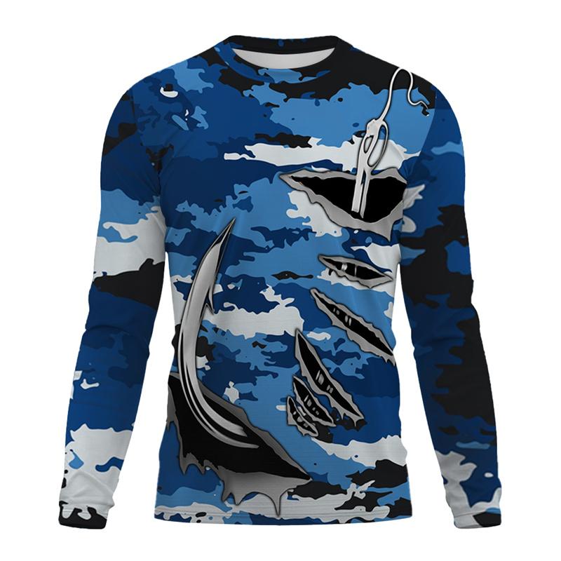 Kanadisches Angelhakenmuster T-Shirt für Herren Outdoor Angeln 3D-gedruckte T-Shirts Sommer Casual Langarm Locker O-Ausschnitt Oberteile Tee