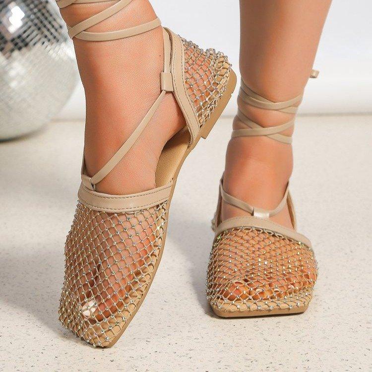 Fashion 2024 Women's New luxury Square Headed Mesh Socks Mesh Feet Band Sandals, Women's Fashion Colorful Diamond Flat Sandals Slippers