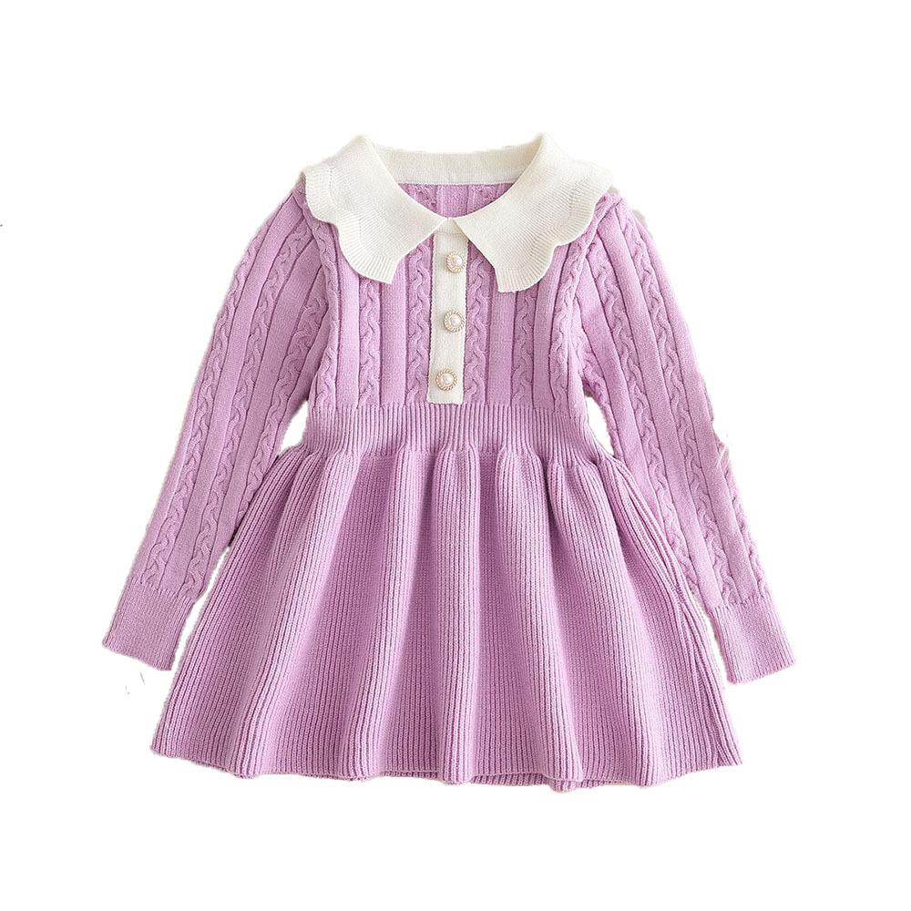 Girls Sweater Dress Winter New Korean Style Fashionable Solid Color Little Girl Knitted Long Sleeve Princess Dress
