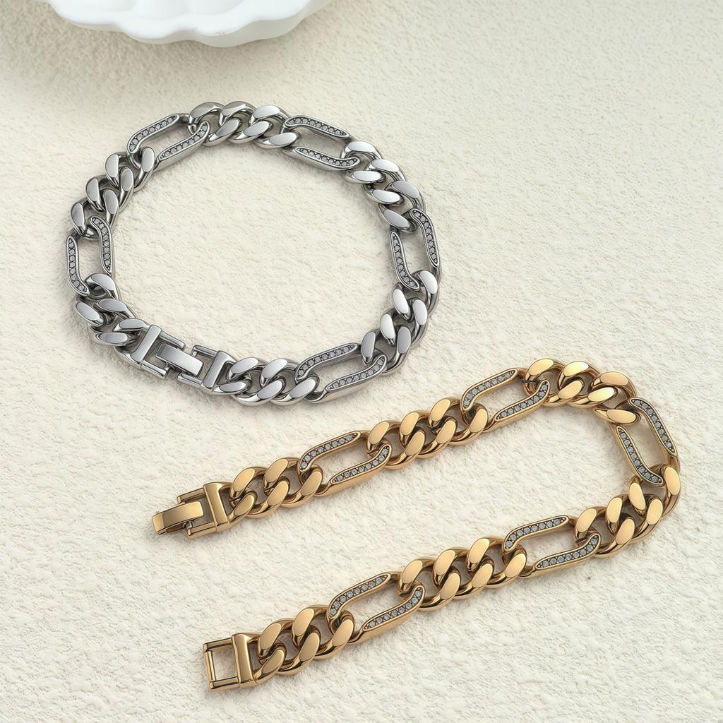 18K Gold Plated Iced Out Cuban Link Bracelet for Men Stainless Steel Hip Hop Luxury Party Fashion Jewelry