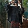 Retro Black Patchwork Linen Shirt with Frayed Edges and Frog Buttons