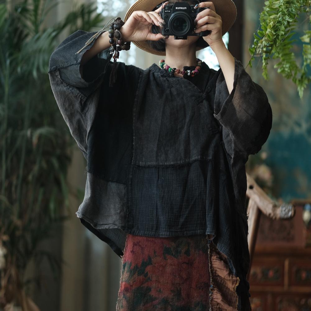 Retro Black Patchwork Linen Shirt with Frayed Edges and Frog Buttons