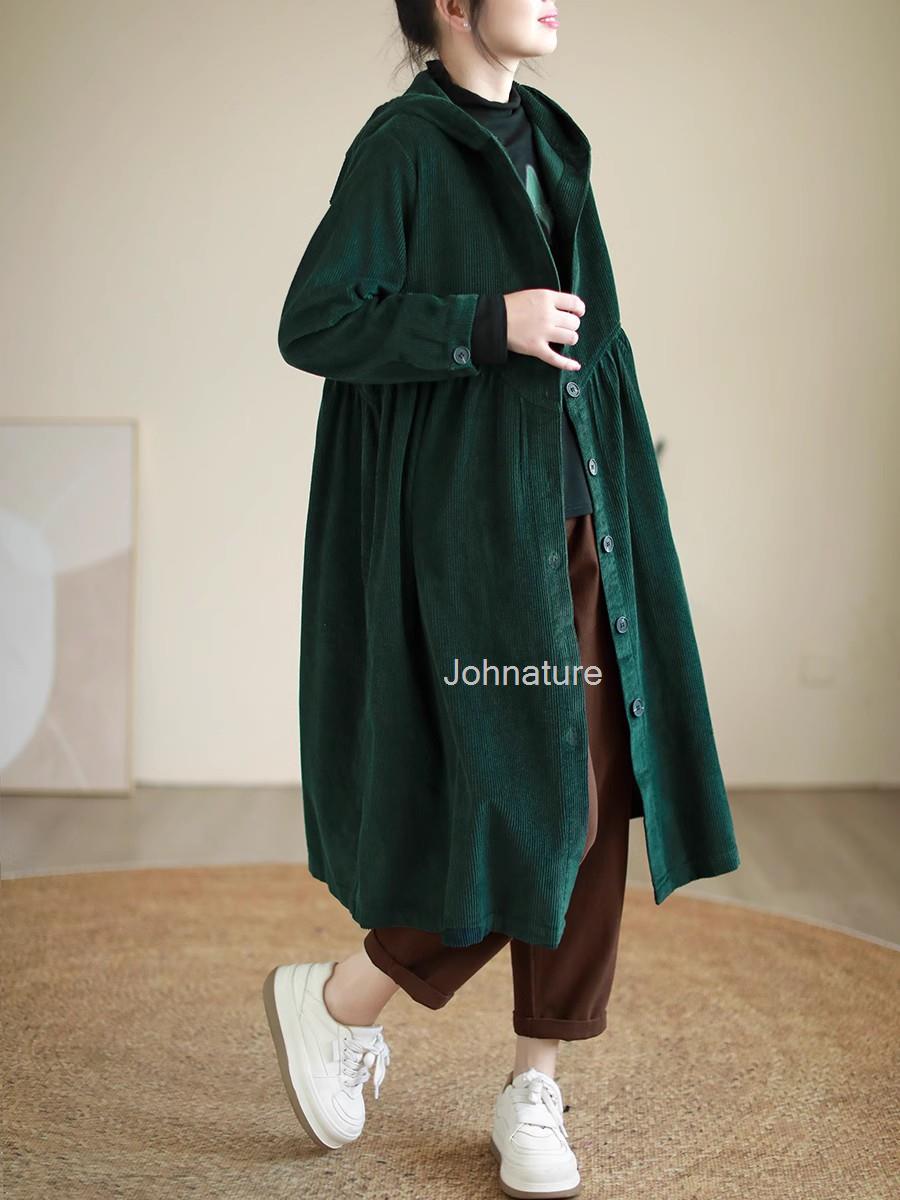 

Johnature женский винтажный вельветовый плащ с капюшоном и пуговицами, однотонное теплое пальто с длинными рукавами One Size зелёный