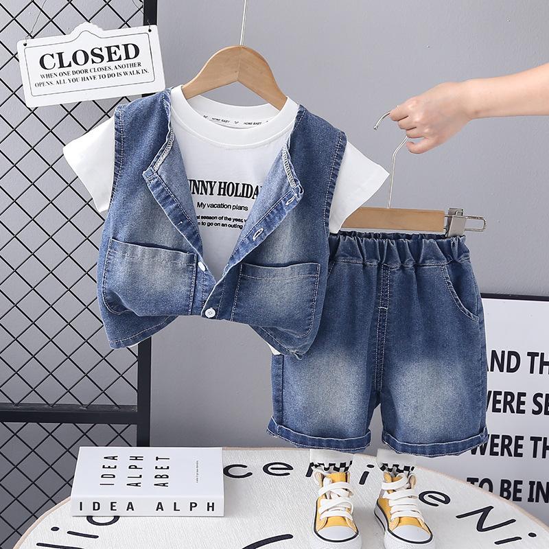 Summer Outfit Handsome Boys Short Sleeved Set Children's Denim Vest Casual T Shirt Set
