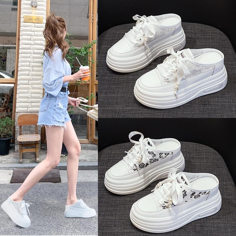 Leather Bag Head Half Slippers Women's Outer Wear 2025 Spring and Summer New Mesh Breathable Thick Sole Inner Height Increase Women's Shoes 9CM Tide