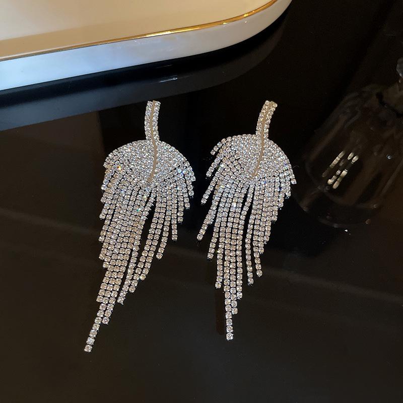 S925 Silver Needle Inlaid Diamond Long Tassel Earrings - Exaggerated European & American Style for Autumn/Winter Evenings