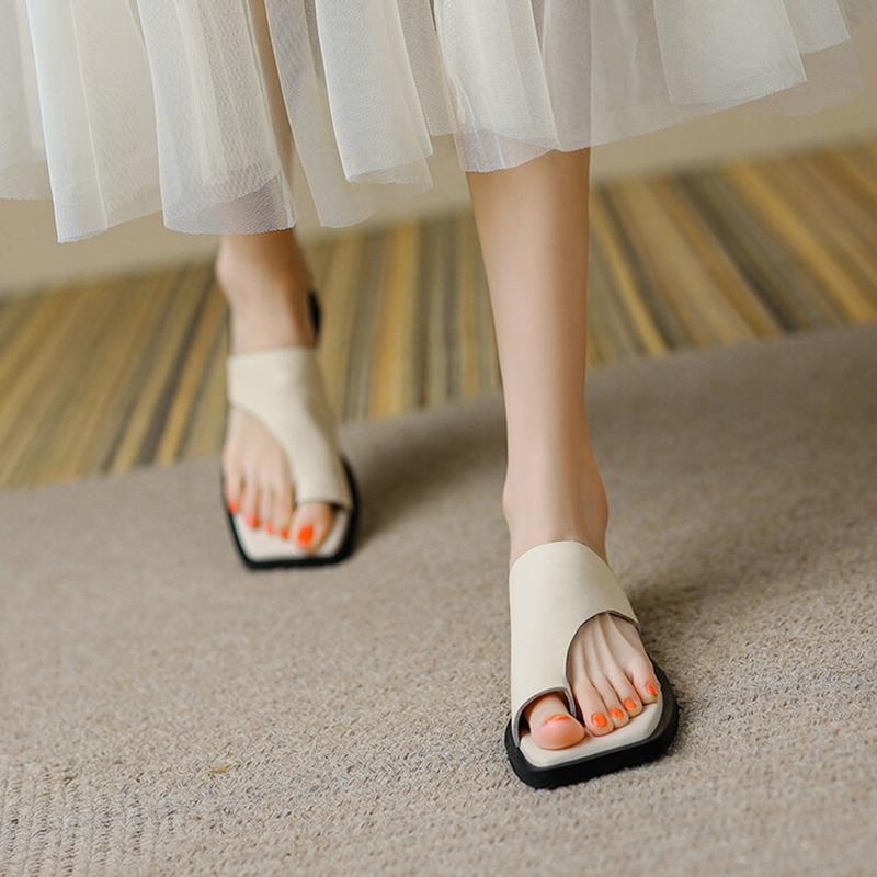 Fashion NEW Summer Women Slippers Split Leather Shoes for Women Square Toe Low Heel Shoes Concise Flip-flop Sandals Outside Slippers