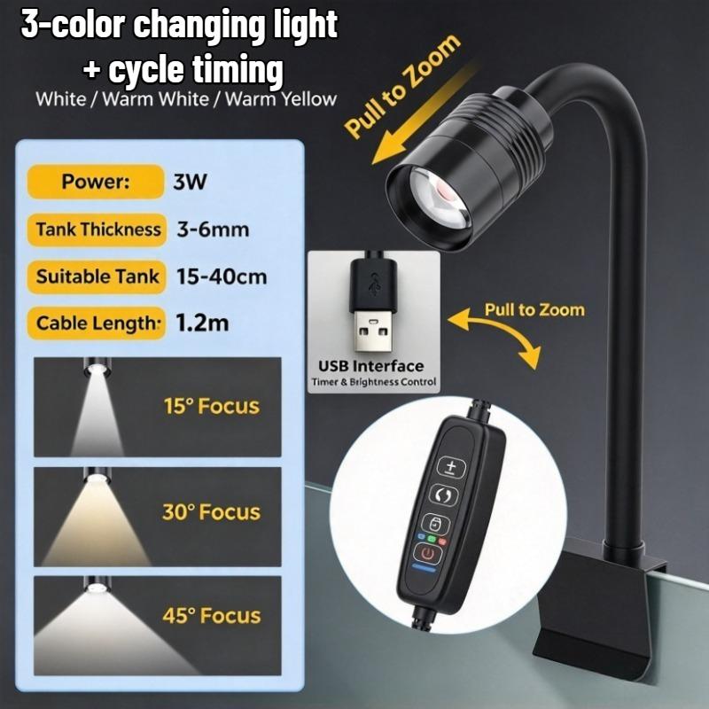 3W South American Aquarium Spotlight 3‑Color LED Fish Tank Lamp Focus Lighting Practical Aquascape Decor Light for Fish Tank Lan