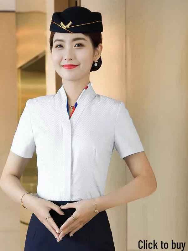 Women's White V-neck Professional Flight Attendant Shirt: Interview and Workwear Suit for Airline and Hotel Staff