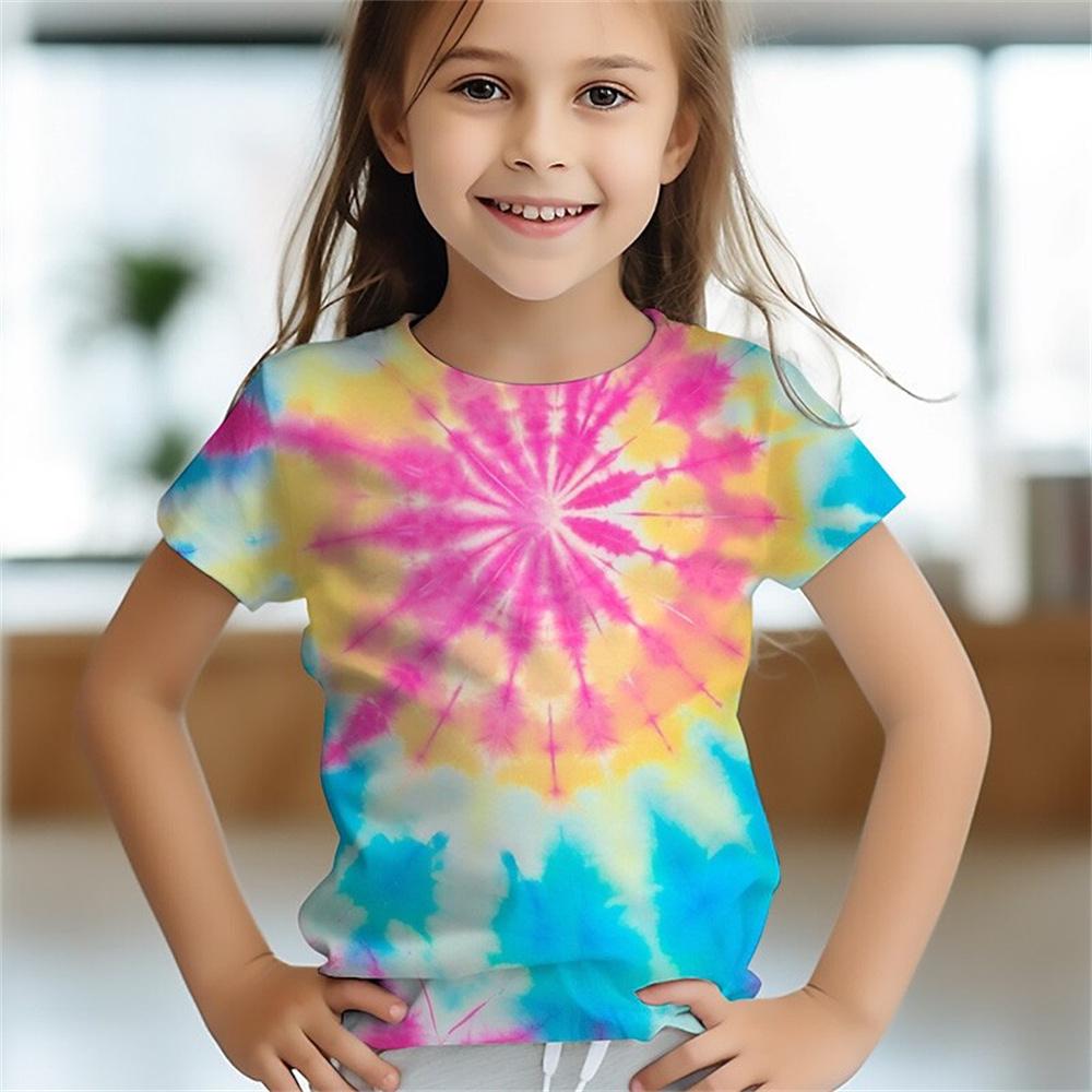 Tie Dye Baby Girl T-shirt Summer Casual Short Sleeve Flower 3D Printed Fun Girls' T-shirt Children's Clothing T-Shirts