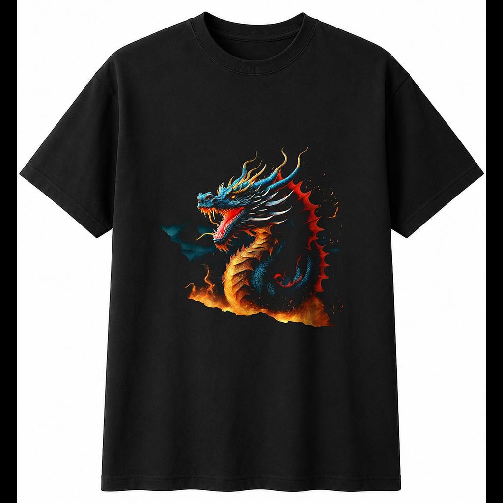 Double Exposure Eastern Dragon with Sparks Fantasy Mens T-Shirt Black Tee