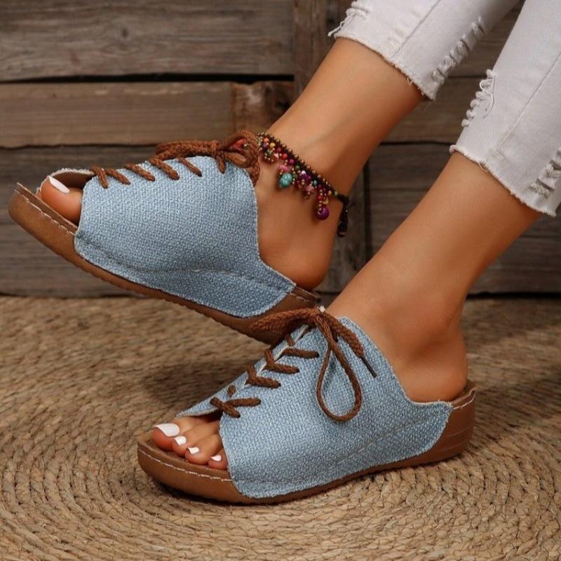 Slippers Women's New Roman Wedge Heel Platform Women's Sandals Bow Lace Decorative Shoes Foreign Trade Large Size Shoes