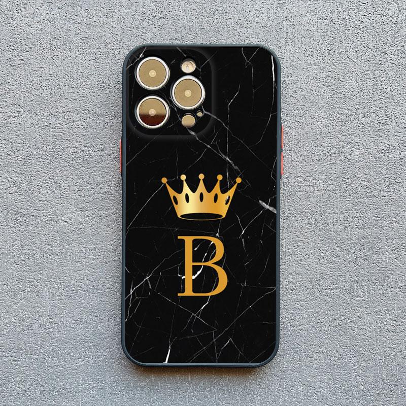 Crown Letter A To Z Phone Case For Iphone 16 13 14 15 Pro Max 11 12 8 7 Plus SE20 X XR XS Marble Pattern Black Shockproof Cover