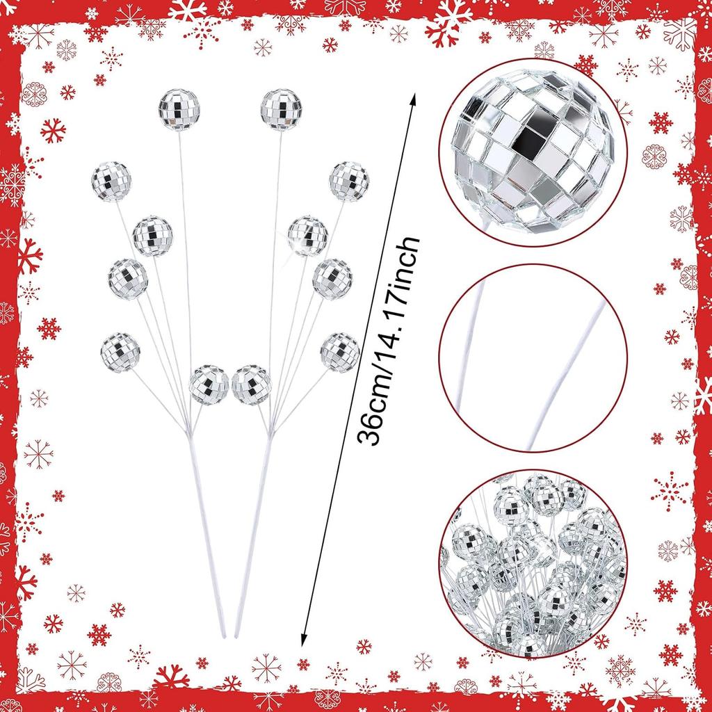 12 Pcs Silver Glitter Ball Picks Mirror Disco Balls New Year 2025 Ornaments Decorations Bulk 14 Inch Decorative Sticks for Vases Tall DIY Glitter