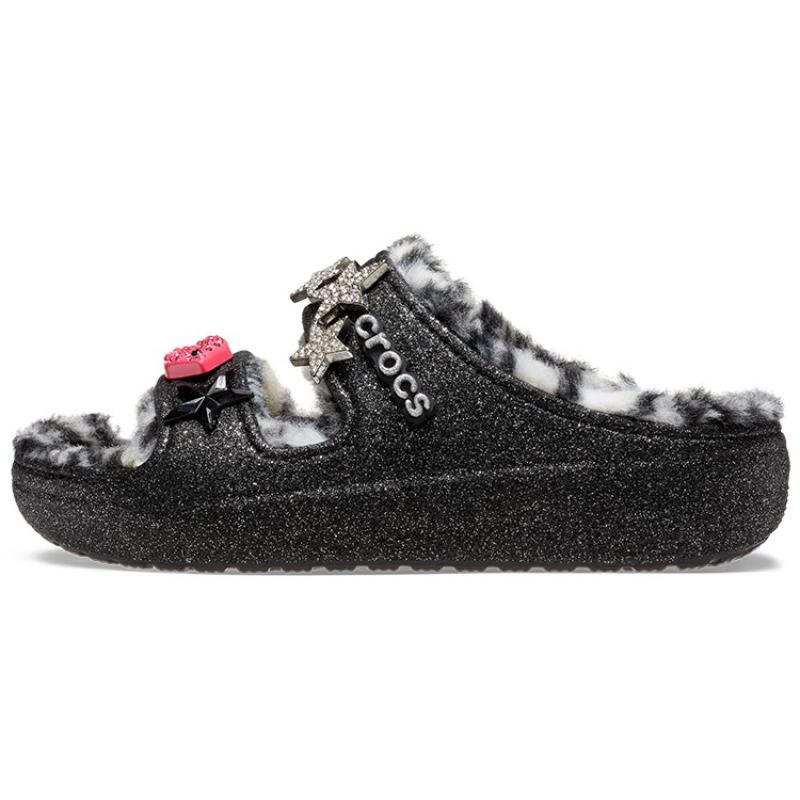 Crocs Classic Cozzzy Disco Glitter Sandals 'Black' Women's