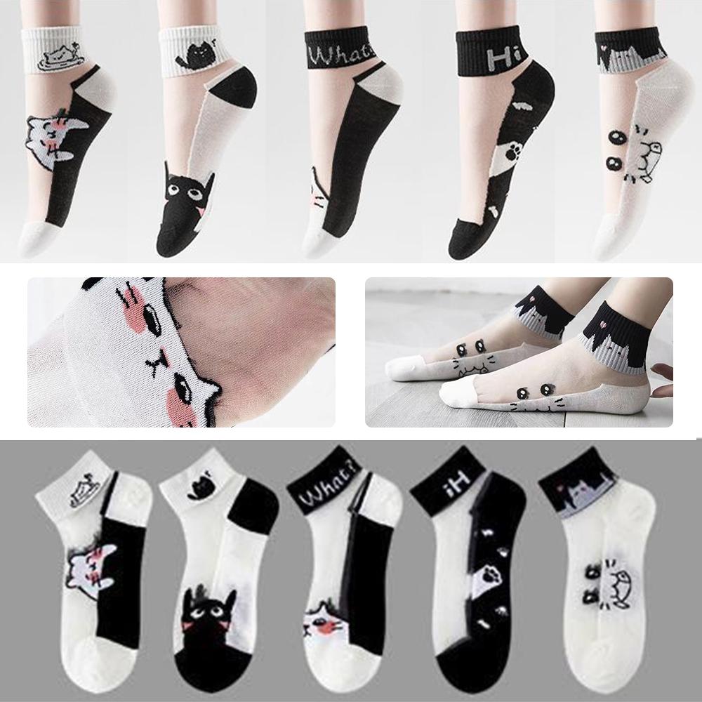 5 Pairs of Summer Women's Short Socks with Glass Fiber Black and White Cat Ultra-thin Breathable Mesh Outdoor Sports and Leisure