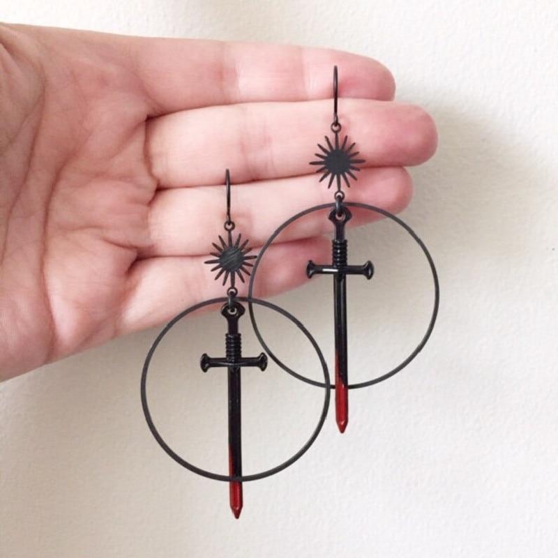 Copper Dangle Earrings With Gothic Blood Sword Design For Punk Fashion And Halloween Party