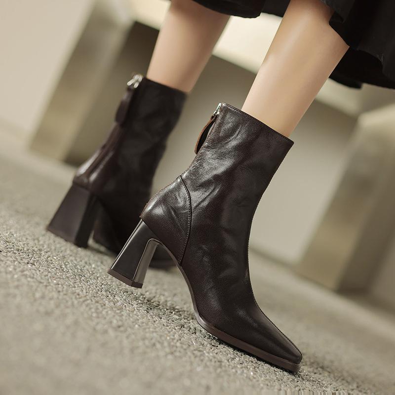 Black Zipper Hand Grab Women's Autumn and Winter Coarse Heel High Heel Boots