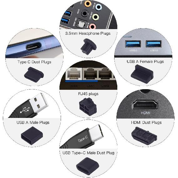 50 Pcs 7 Types USB Port Cover, Silicone USB C Port Dust Plugs Cap Cover for USB A Female/Male, USB C Cap, 3.5mm Headphone, HDMI, RJ45 Ethernet