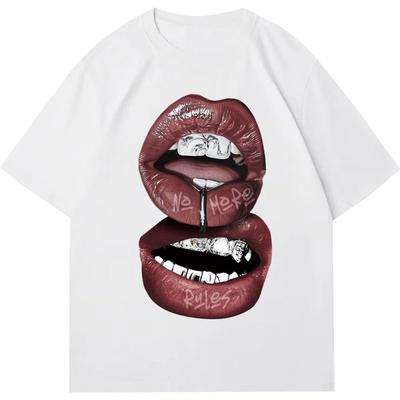 Dámské tričko se vzorem rtů Y2k Letní Kulatý výstřih Retro Streetwear Móda Kawaii Minimalistický Top