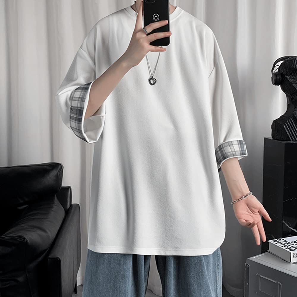 Sommar stor stor lös rund rygg [foveitaa] kläder, herr t-shirts, 3/4 ärmar, enfärgad, storlek, silhuett, sommar, passform, krage, mjuk, bekväm,