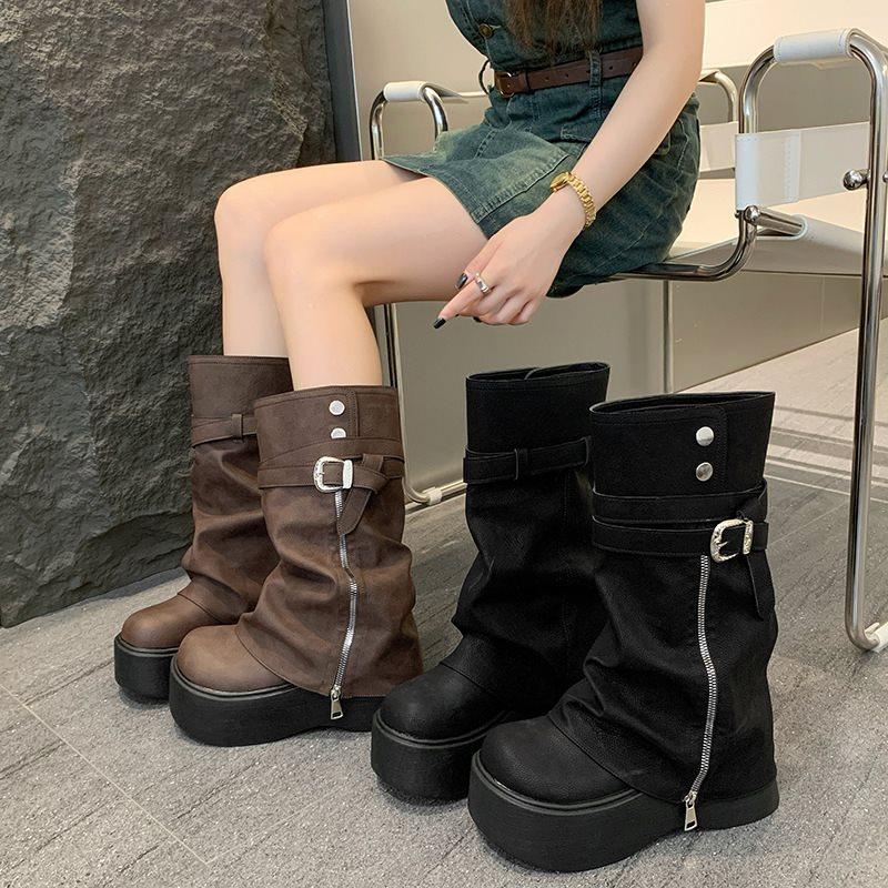 Long boots, high boots, small men, spring and autumn heightening trousers, stacking new muffin boots, thick-soled folds, retro