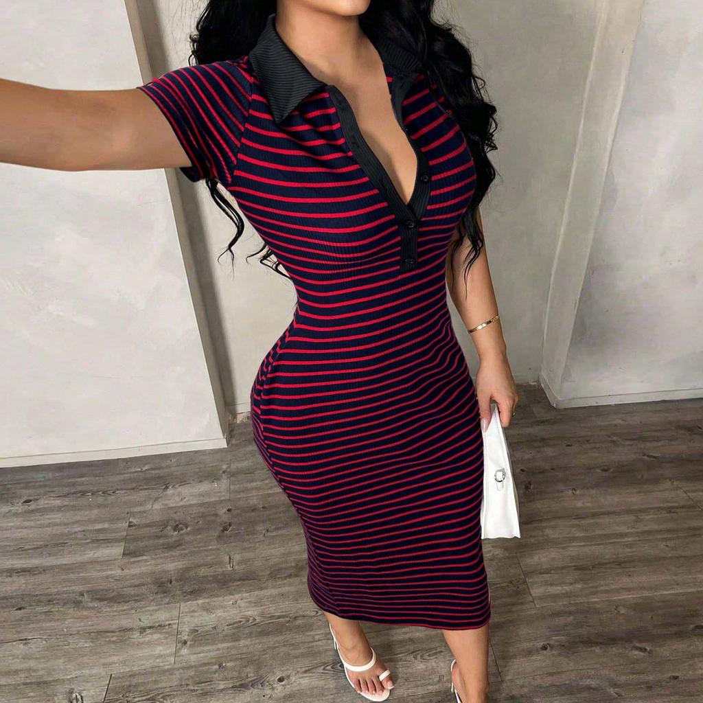 Women's New Polo Collar Striped Slim Fit Bodycon Midi Dress Short Sleeve Casual Stretch Fabric