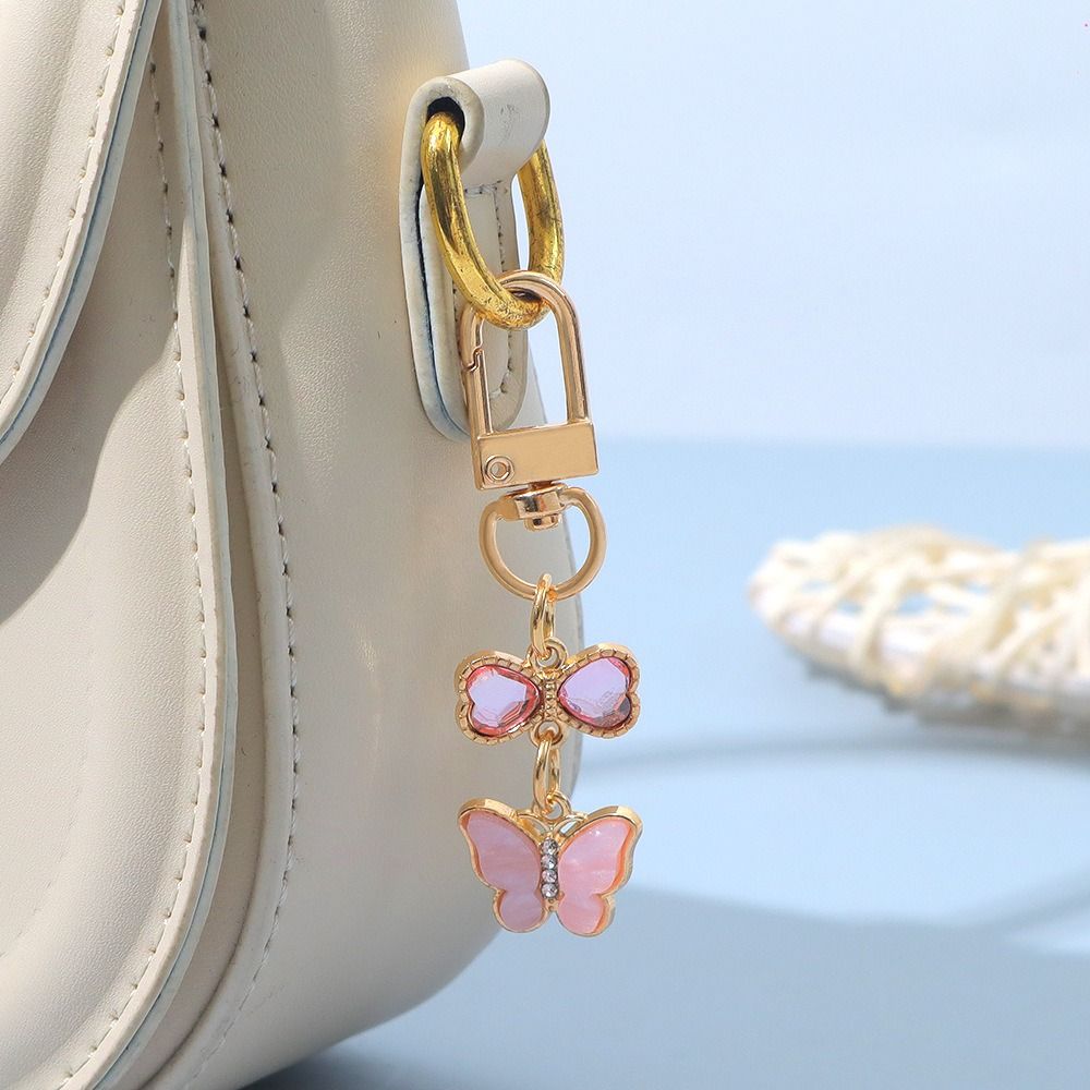 7PCS Pendant Rhinestone Butterfly Keychain Ornaments Key Ring Cute Crystal Bow Key Chain  Bag Decor
