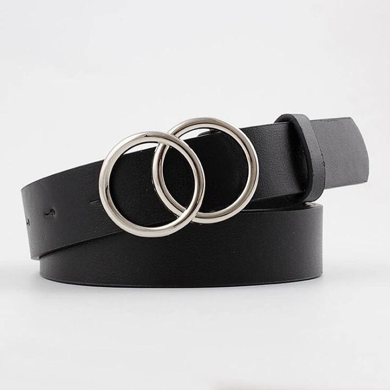 Silver Gold Double Ring Belts for Jeans Women Girls Fashion Waist Belt PU Metal Buckle Belt Leisure Dress Jeans Wild Waistband